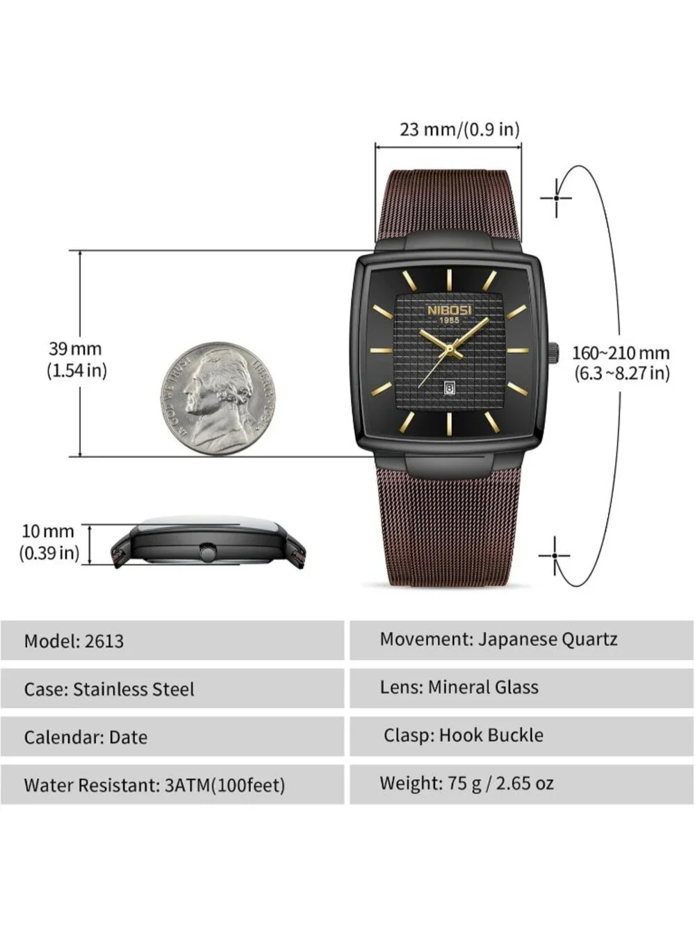 Nibosi Men's Brown Black Square Analog Mash Quartz Hook Buckle Waterproof Watch